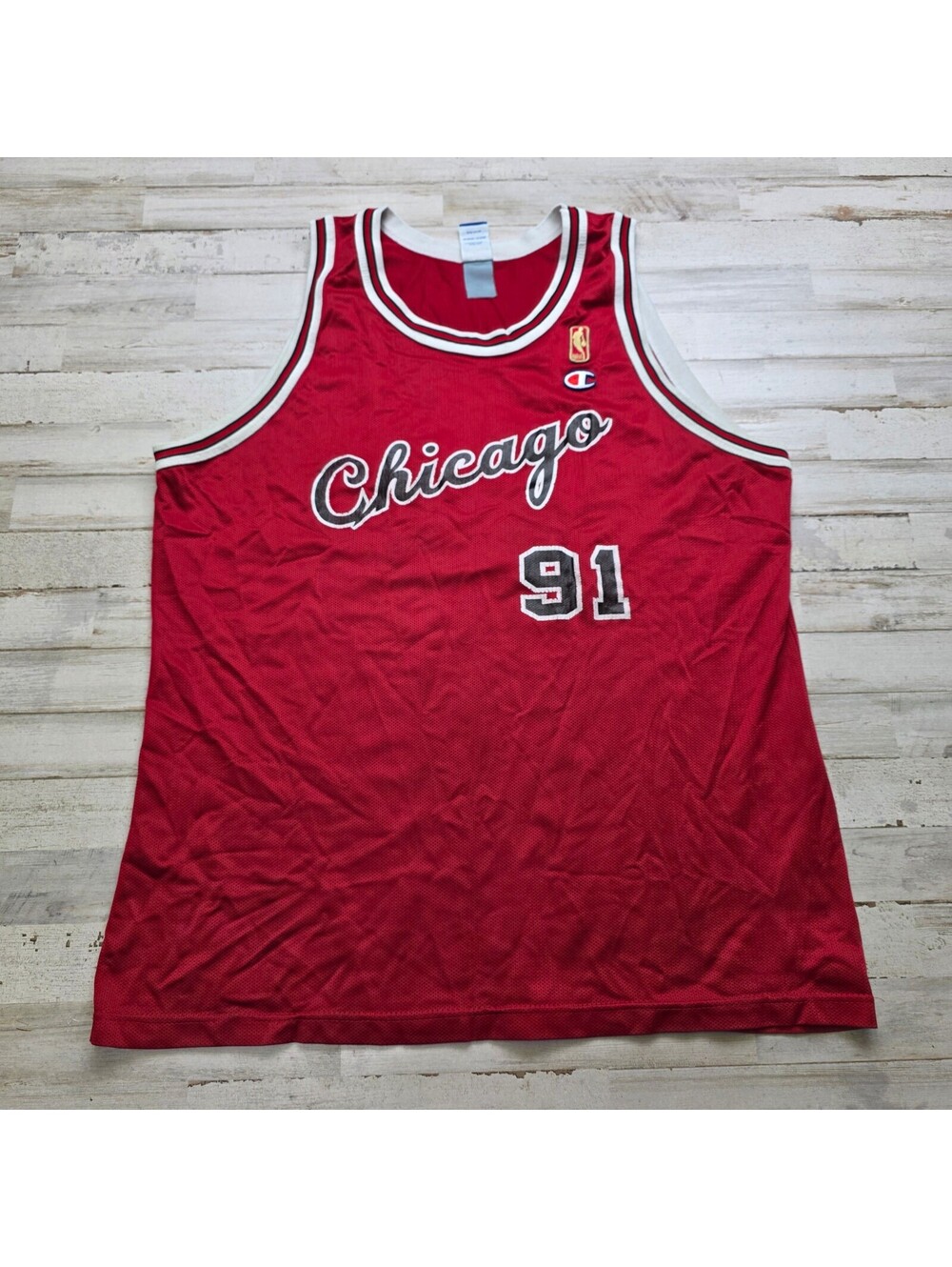VTG 90s Champion Dennis Rodman #91 Chicago Bulls NBA Jersey Red USA L/XL Fit